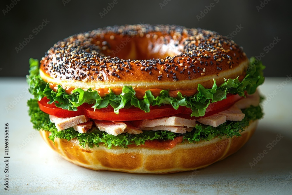 A freshly made bagel sandwich with turkey, lettuce, and tomato A freshly made bagel sandwich with turkey, lettuce, and tomato