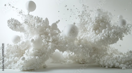 An energetic explosion of Styrofoam mini balls in various sizes, creating a dynamic and textured visual effect. photo