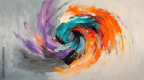 A dynamic abstract featuring a spiral of vibrant brushstrokes in colors like orange, purple, and teal, set against a muted gray background to highlight the movement 
