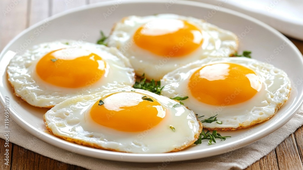 A beautifully arranged breakfast plate with fried eggs, garnished with fresh herbs on a rustic wooden table, inviting and appetizing A beautifully arranged breakfast plate with fried eggs, garnished with fresh herbs on a rustic wooden table, inviting and appetizing