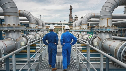 Two engineers in blue coveralls and hard hats conduct a thorough inspection of an expansive industrial plant, showcasing a complex network of pipelines and refinery structures.
