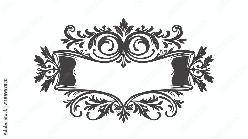 An ornate black and white floral frame with a blank banner. An ornate black and white floral frame with a blank banner.