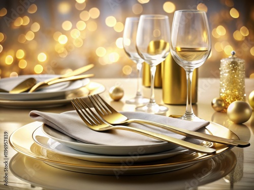 Luxury gold cutlery graces an elegant table setting, showcasing fine dinnerware in high-resolution detail.