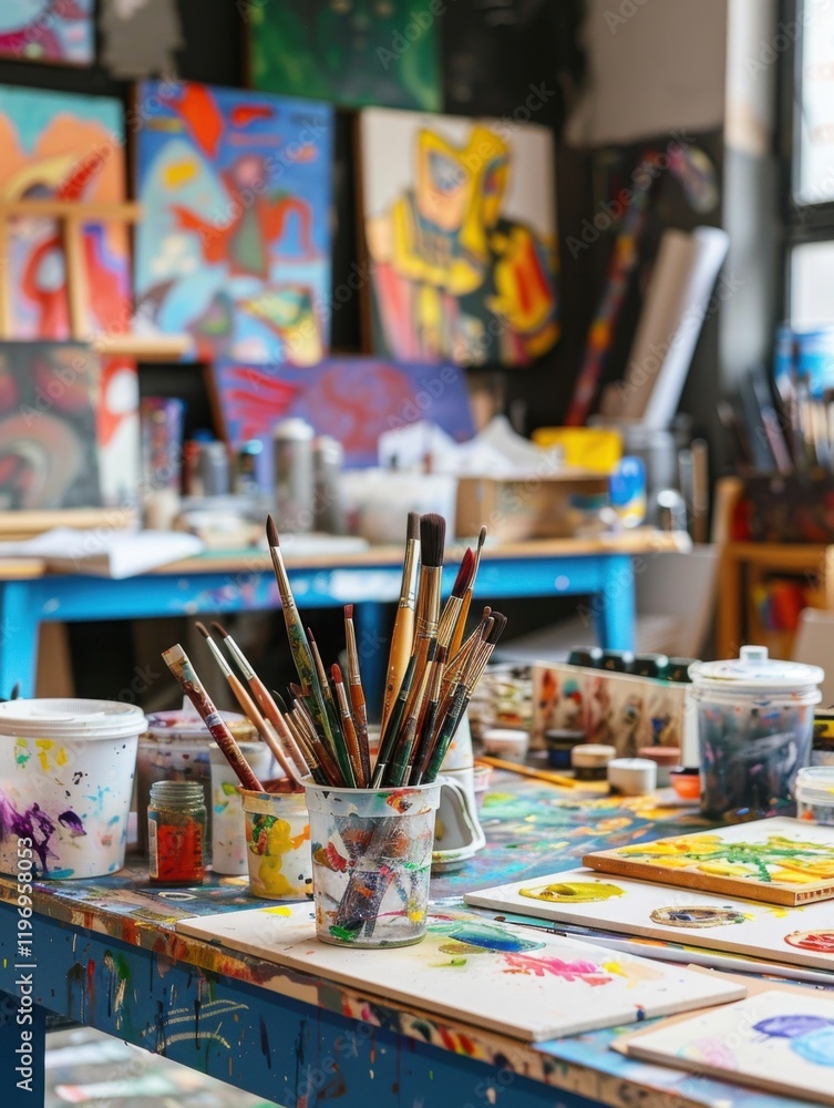 Vibrant Artist's Studio: A Colorful Tableau of Paintbrushes, Canvases, and Creative Energy Vibrant Artist's Studio: A Colorful Tableau of Paintbrushes, Canvases, and Creative Energy