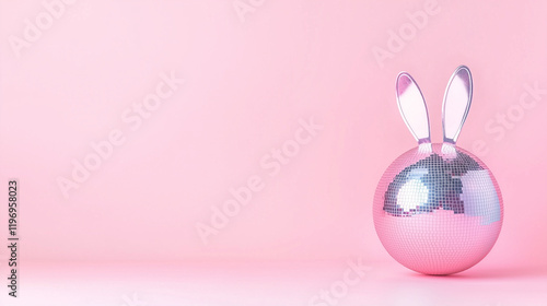 disco ball shaped like an Easter bunny with shiny ears. Set against a pastel pink background
