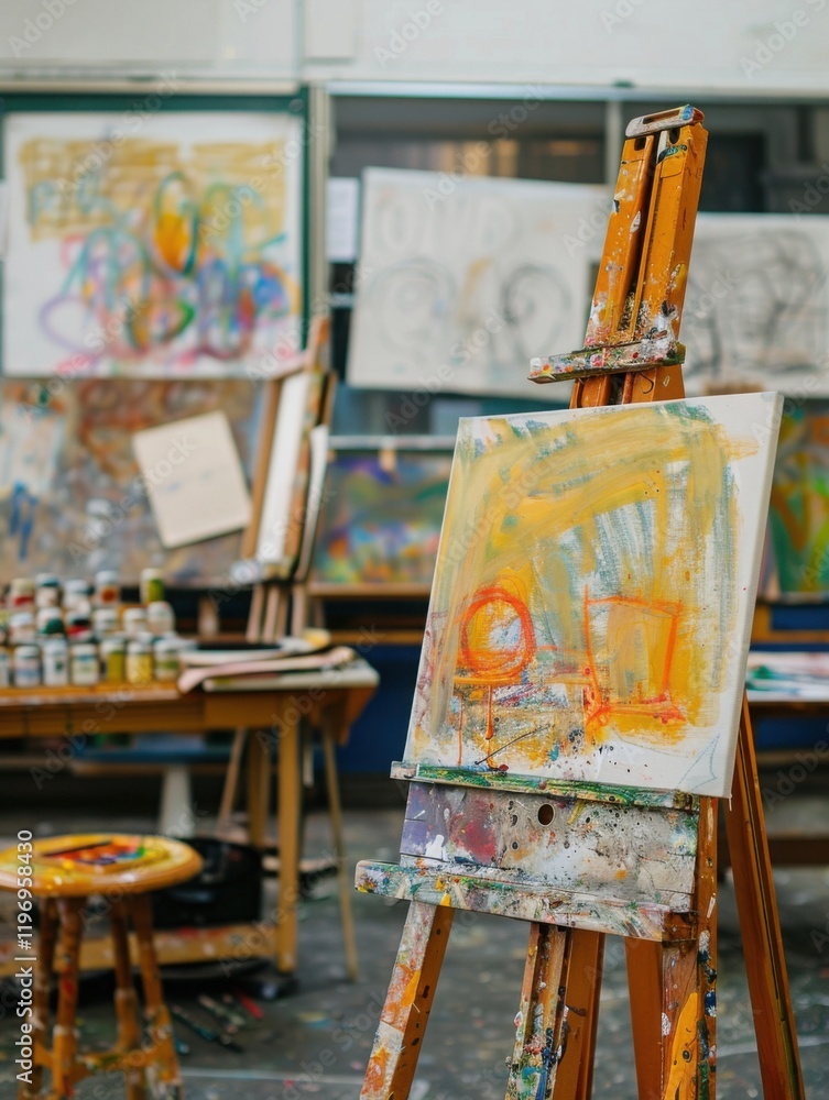 Art Studio Still Life: Easel with Abstract Painting and Colorful Art Supplies Art Studio Still Life: Easel with Abstract Painting and Colorful Art Supplies