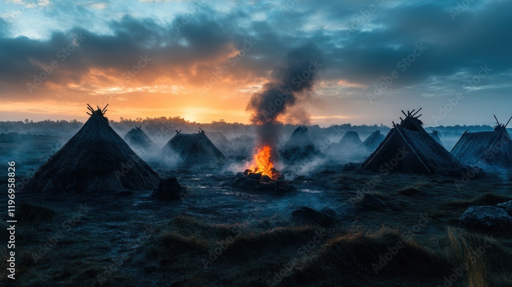 Naklejka premium Ancient Village Sunrise Bonfire, Thatched Huts, Misty Moorland