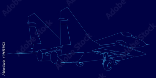Blue airplane is flying in the sky. The image is a stylized drawing of the plane