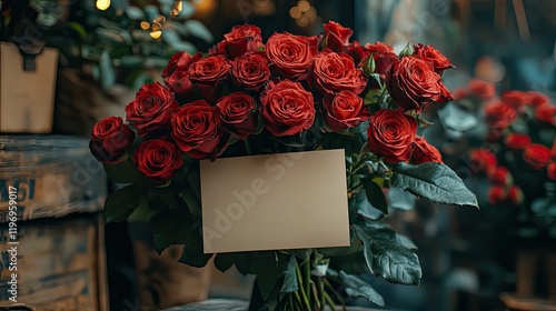 Romantic Red Roses with Blank Note and Soft Vignette Effect photo