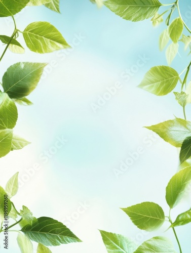 Fresh green leaves framing a soft blue background with ample space for text placement. Generative AI