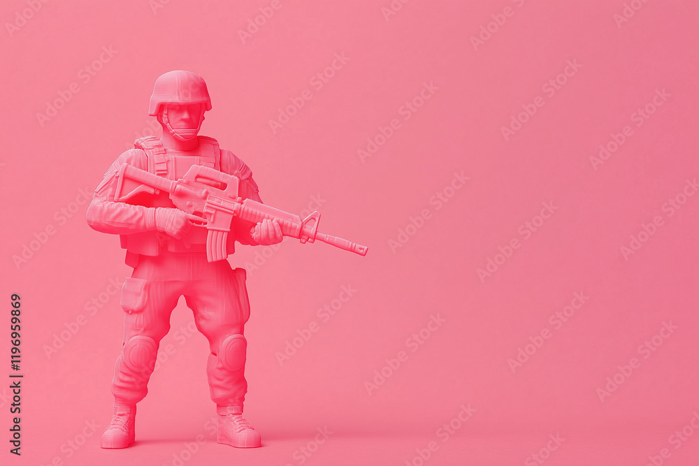 A minimalistic image of a toy soldier entirely in pink, holding a rifle, against a monochromatic pink background A minimalistic image of a toy soldier entirely in pink, holding a rifle, against a monochromatic pink background