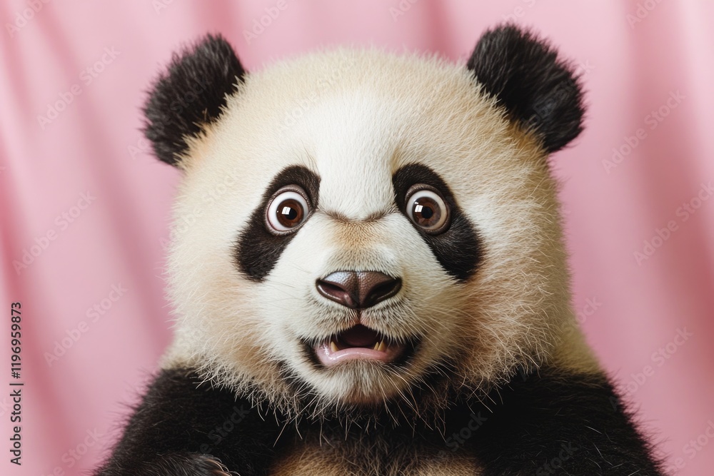 Close-up shot of a panda bear on a bright pink background Close-up shot of a panda bear on a bright pink background