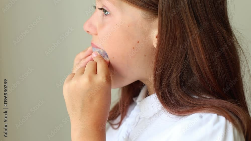 A young girl demonstrates how to put on and showcase her orthodontic retainer designed to correct her bite and improve her smile. This close-up footage provides insights into the importance of dental A young girl demonstrates how to put on and showcase her orthodontic retainer designed to correct her bite and improve her smile. This close-up footage provides insights into the importance of dental