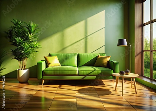 Minimalist living room  green sofa  wood floors  3D rendered  showcasing modern interior design and home d  cor.