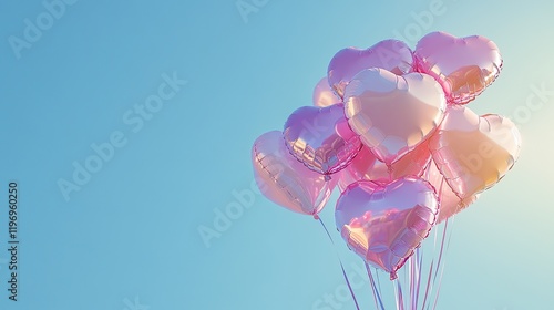 Pink Heart Balloons Soaring in Blue Sky for a Romantic Celebration photo