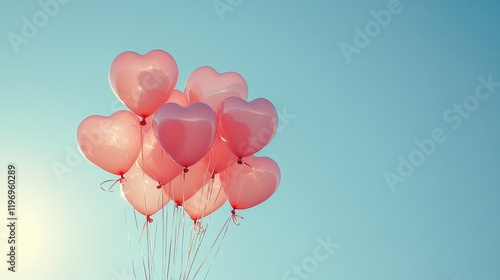 Pink Heart Balloons Soaring in Blue Sky for a Romantic Celebration photo