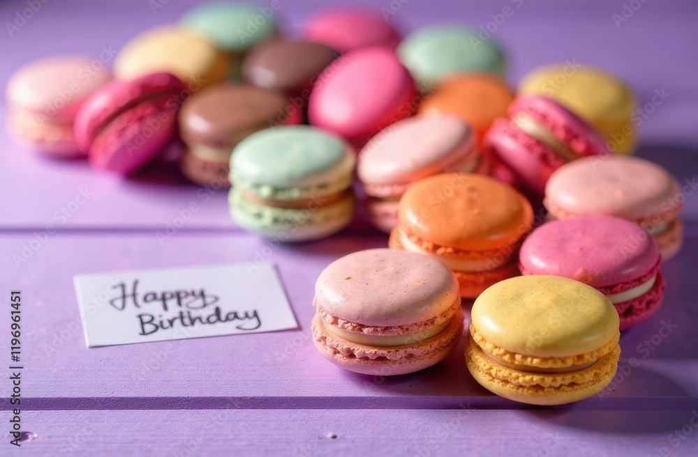 Obraz premium colorful macaroons and happy birthday card on purple background