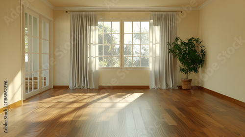 Bright and spacious room with large windows  light curtains  and a potted plant 