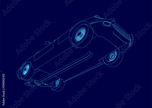 Blue car is shown in a cartoonish style. The car is upside down and he is flying through the air. Scene is playful and whimsical