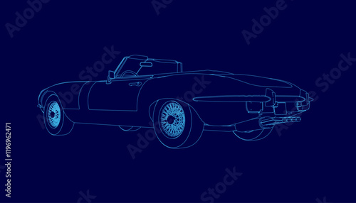Blue car is shown in a digital image. The car is a classic model and is shown in a stylized way. The image has a futuristic feel to it, with the car appearing to be a part of a larger
