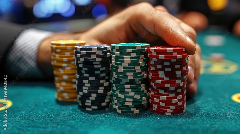 Close-Up of Hands Holding a Stack of Colorful Poker Chips at a Casino Table Ready for Play and Strategy in a High-Stakes Gambling Environment Close-Up of Hands Holding a Stack of Colorful Poker Chips at a Casino Table Ready for Play and Strategy in a High-Stakes Gambling Environment