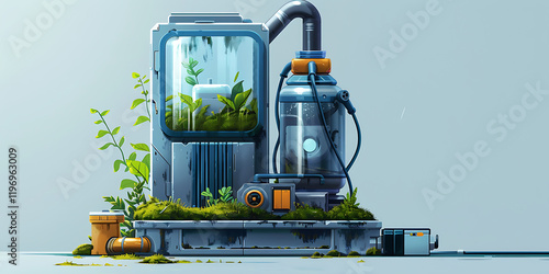 A futuristic plant incubator connected to a vacuum-like device on a gray background. photo