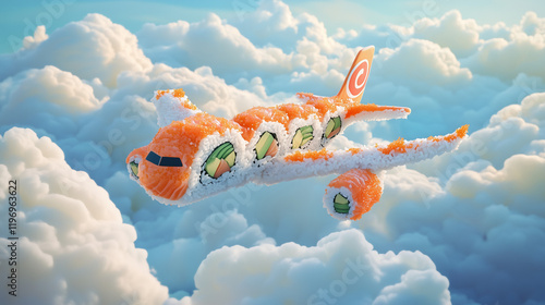 an airplane crafted entirely from sushi, flying above fluffy clouds in a bright blue sky photo