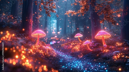 A whimsical forest with glowing neon-colored trees and sparkling mushrooms photo