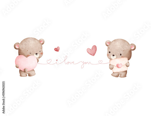 Watercolor Illustration Cute Couple Valentine Teddy Bears