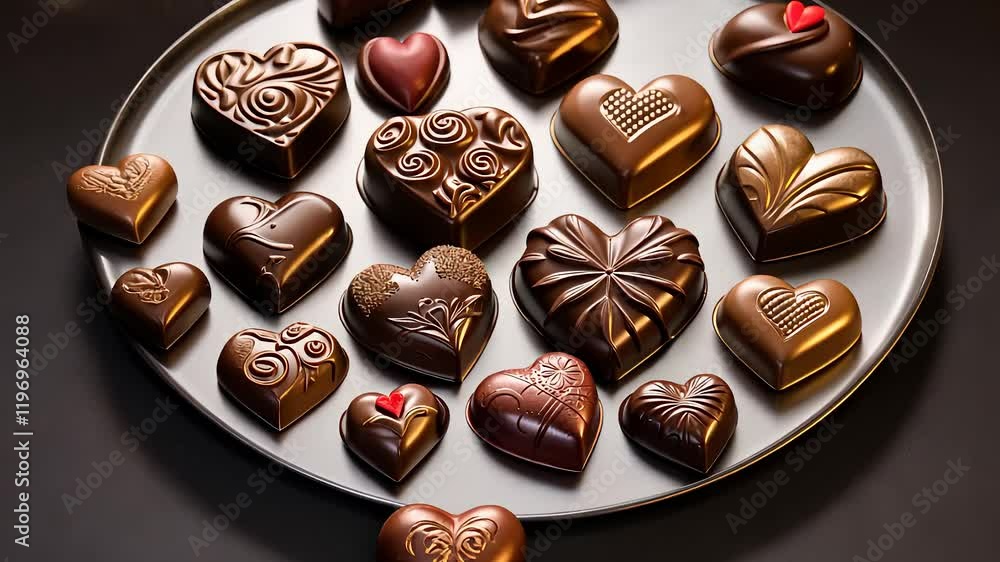 Assorted Heart-Shaped Chocolate Candies on a Plate with Intricate Designs and Rich Dark Chocolate Coating
Assorted Heart-Shaped Chocolate Candies on a Plate with Intricate Designs and Rich Dark Chocolate Coating