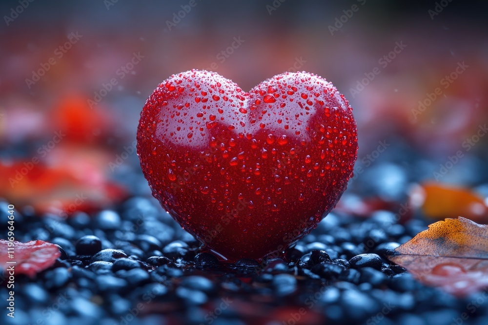 A red heart shaped object sits atop black stones, perfect for use in romantic or symbolic illustrations A red heart shaped object sits atop black stones, perfect for use in romantic or symbolic illustrations