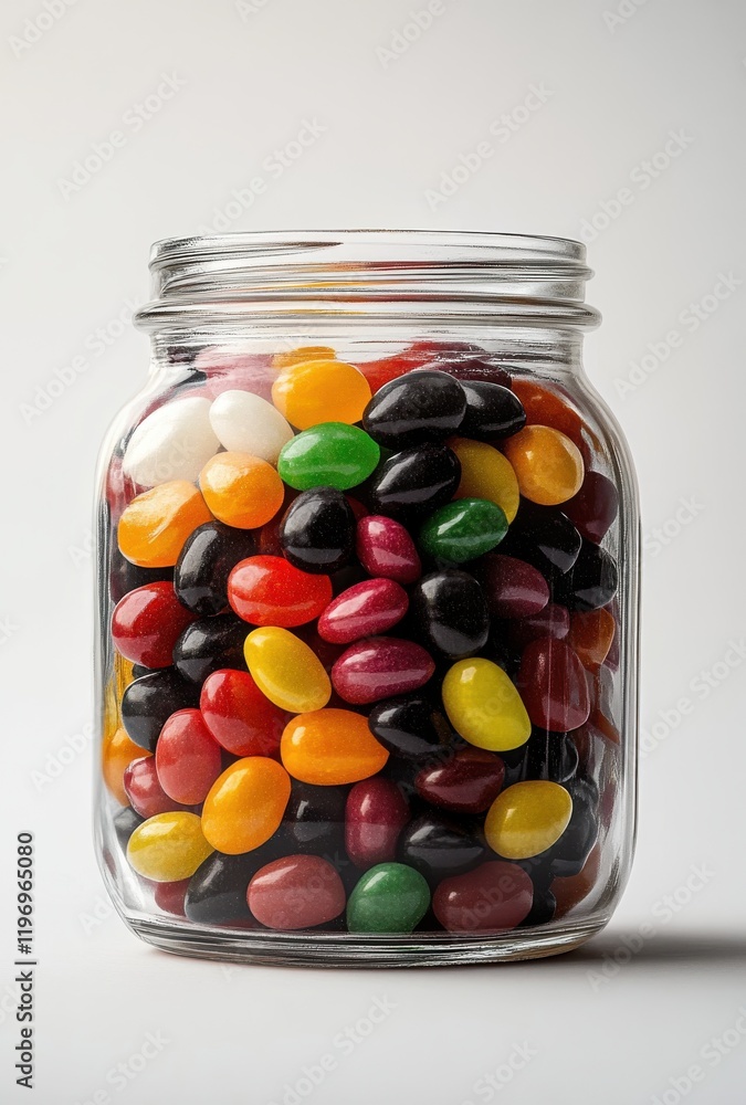 Colorful Candies in a Glass Jar, Showcasing a Variety of Jelly Beans in Vibrant Hues Such as Red, Yellow, Green, Orange, and Black, Perfect for Sweet Treats and Decorations Colorful Candies in a Glass Jar, Showcasing a Variety of Jelly Beans in Vibrant Hues Such as Red, Yellow, Green, Orange, and Black, Perfect for Sweet Treats and Decorations