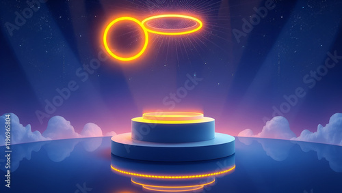 Radiant reverie: floating podium adorned with yellow neon rings. Reverie. Illustration photo