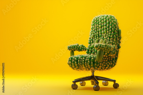 Office chair made of cactuses. Uncomfortable situation, hemorrhoids concept. Cactus leather, sustainable vegan alternative to animal leather. Green eco living, cruelty-free