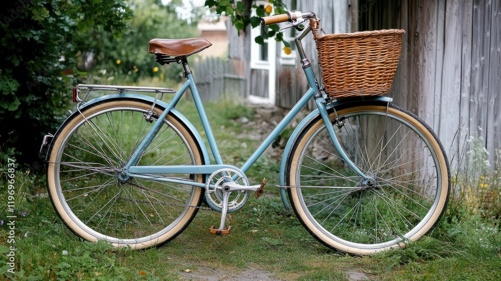 An old-fashioned bicycle with a wicker basket, parked next An old-fashioned bicycle with a wicker basket, parked next