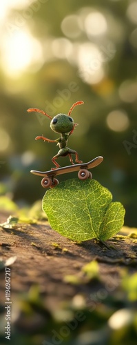 Cute ant skateboarding on leaf, forest background, nature illustration photo