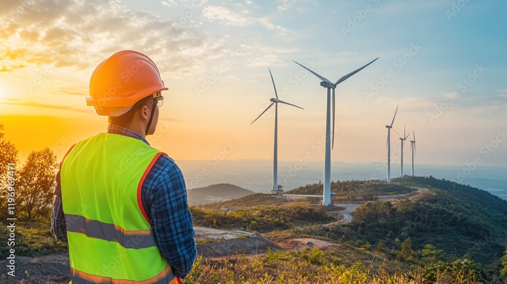 custom made wallpaper toronto digitalEngineer overlooking wind turbines at sunset. (1)