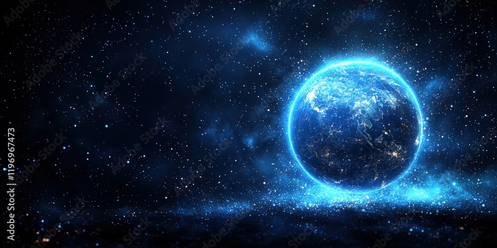 Fototapeta premium Glowing Earth in space, cosmic background, science fiction, website banner