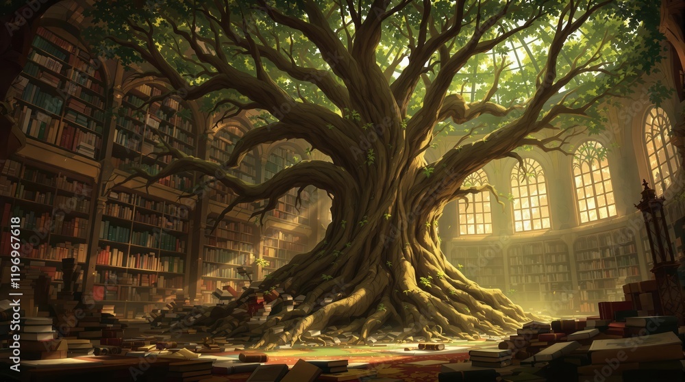 Obraz premium A majestic tree grows in the center of a circular library, its roots spreading across the floor amidst scattered books. Sunlight streams through large windows, illuminating the scene