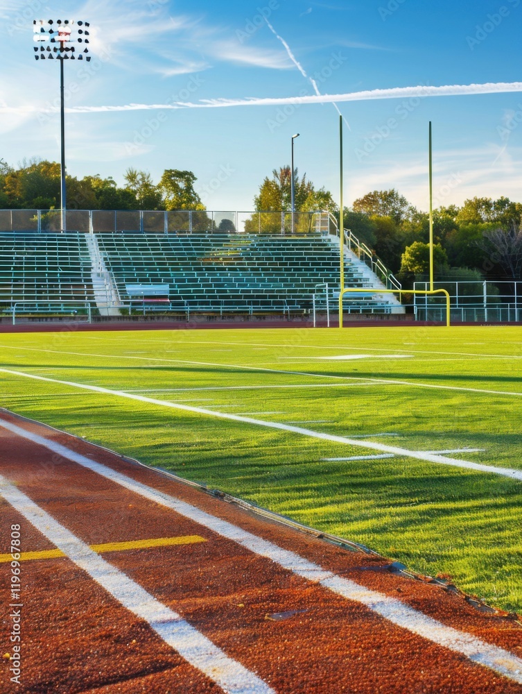 Fototapeta premium Athletic Field Stadium Green Grass Track and Field Day Sunny Sky Outdoor Sport