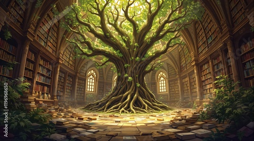 A majestic tree grows in the center of a circular library, its roots spreading across the floor amidst scattered books. Sunlight streams through large windows, illuminating the scene