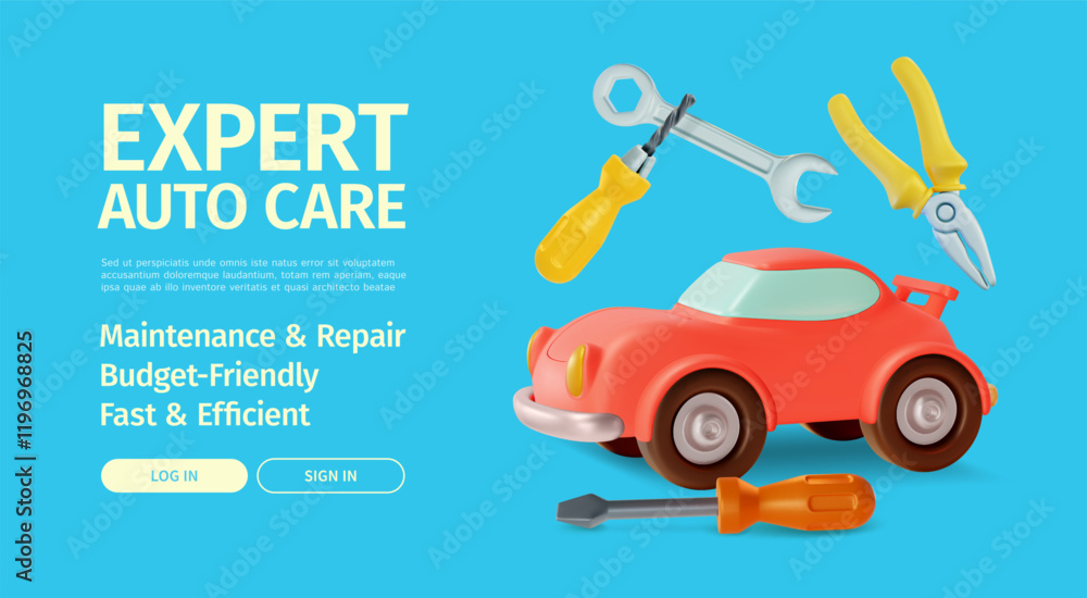 Fototapeta premium 3d Expert Auto Care Concept Ads Banner Promotion Poster Card. Vector illustration of Checking Car and Tools Floating Around