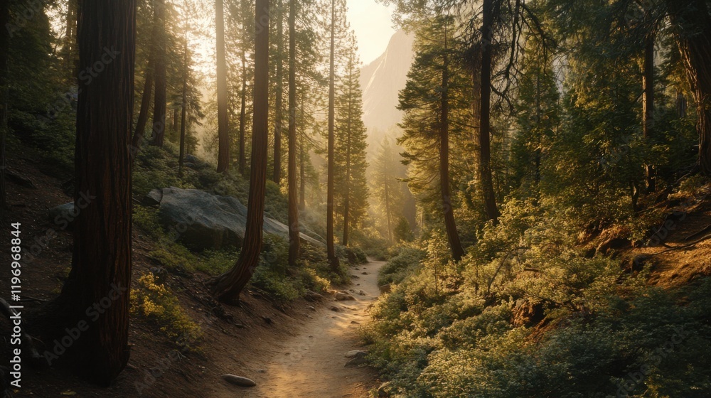 Obraz premium Golden Sunlight Forest Trail Majestic Redwood Trees, Hiking Path