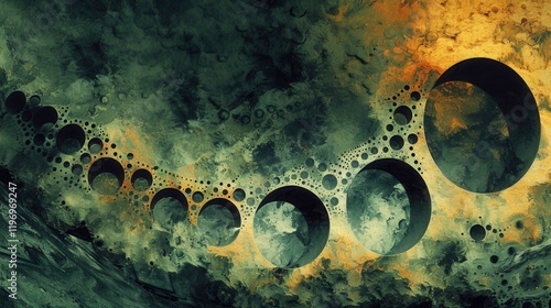 Circular patterns etched into the surface of an alien planet, contrasting against a swirling sky of exotic colors and atmospheres.