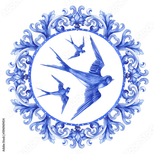 Watercolor Decorative Plate Design with Swallows, Ornate Blue Floral Border, Traditional Hand-Painted Porcelain Illustration for Ceramic Art, Vector Circle Pattern