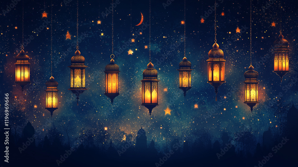 Fototapeta premium Beautiful illuminated lanterns and crescent moon create a serene atmosphere during Ramadan