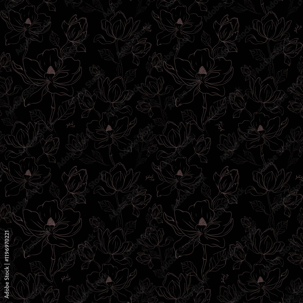 Magnolia pattern fabric design featuring seamless floral illustrations on a dark background Magnolia pattern fabric design featuring seamless floral illustrations on a dark background