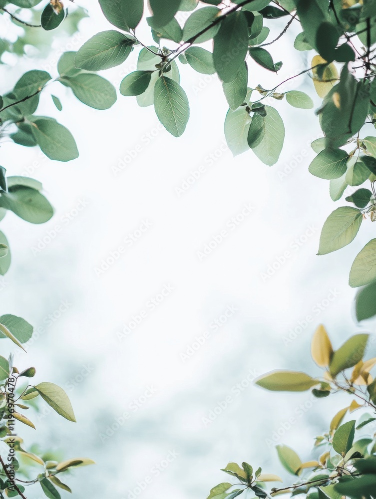 Fototapeta premium Lush green leaves framing a tranquil sky in a serene and peaceful setting ready for text. Generative AI