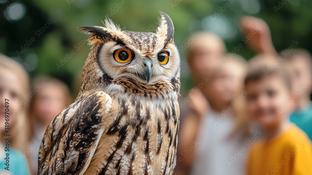 Obraz premium A majestic owl with a group of children, observing it closely. Festival of Owls Week. Birdwatching