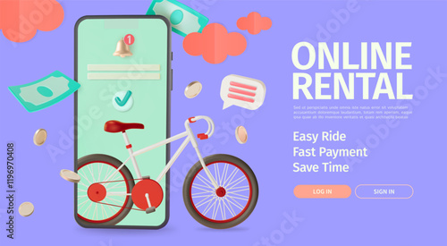 3d Online Rental Bicycle Travel and Tourism Concept Ads Banner Poster Card. Vector illustration of Mobile Phone App